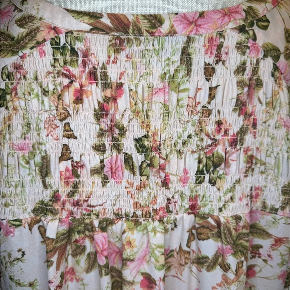 Cynthia Rowley Smocked Floral Top with Pink and Green Hues